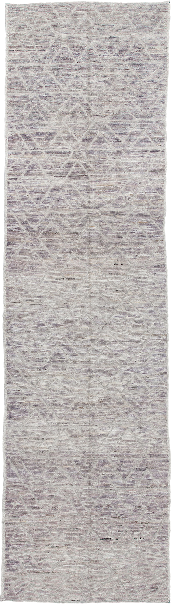 3' x 11' one-of-a-kind handmade vintage Tulu runner rug. Color palette: ivory, taupe, lavender, gray, greige, beige
