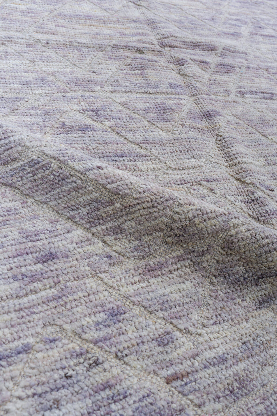 3' x 11' one-of-a-kind handmade vintage Tulu runner rug. Color palette: ivory, taupe, lavender, gray, greige, beige