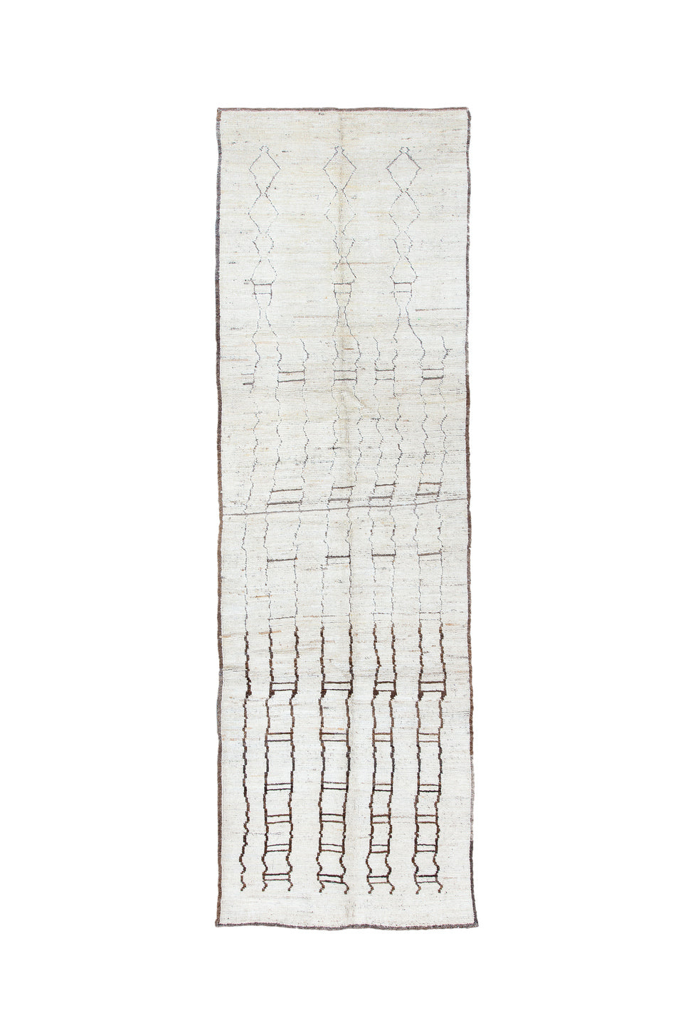 3' x 9' one-of-a-kind handmade vintage Tulu runner rug. Color palette: brown, gainsboro, gray, honeydew, light gray, linen