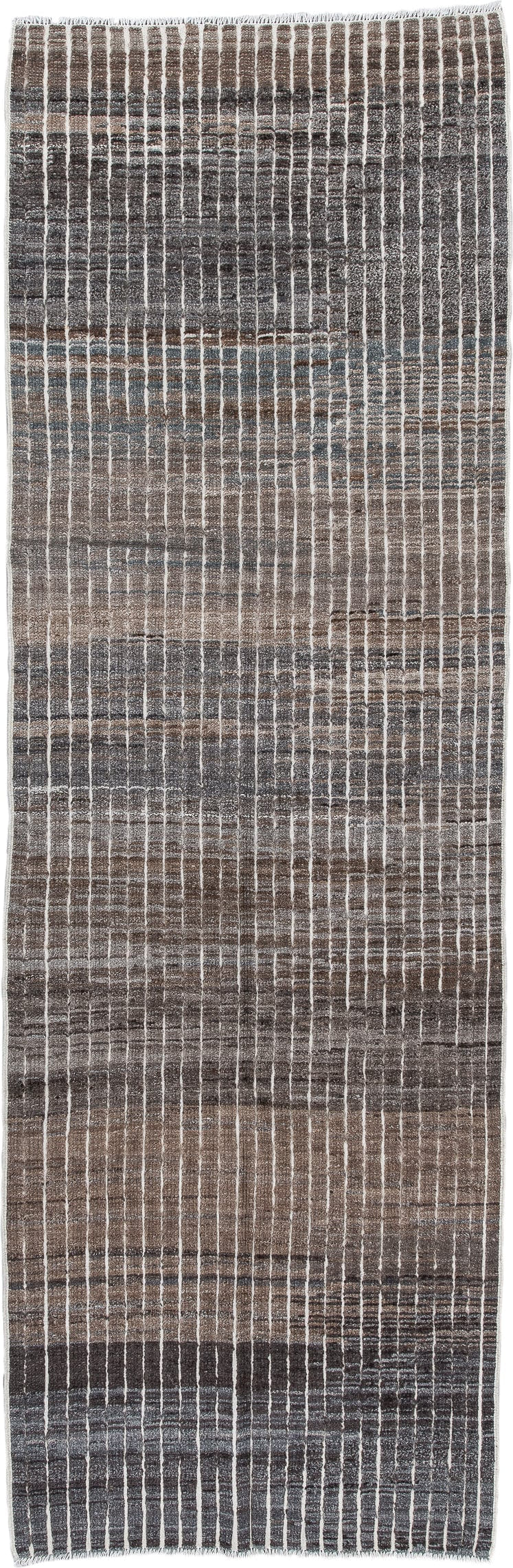 3' x 9' one-of-a-kind handmade vintage Tulu runner rug. Color palette: taupe, charcoal, ivory, slate, brown, gray, beige
