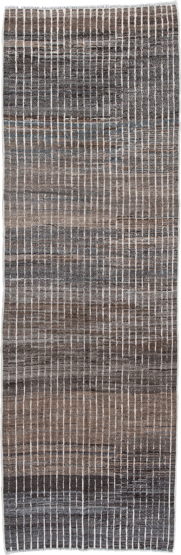 3' x 9' one-of-a-kind handmade vintage Tulu runner rug. Color palette: taupe, charcoal, ivory, slate, brown, gray, beige