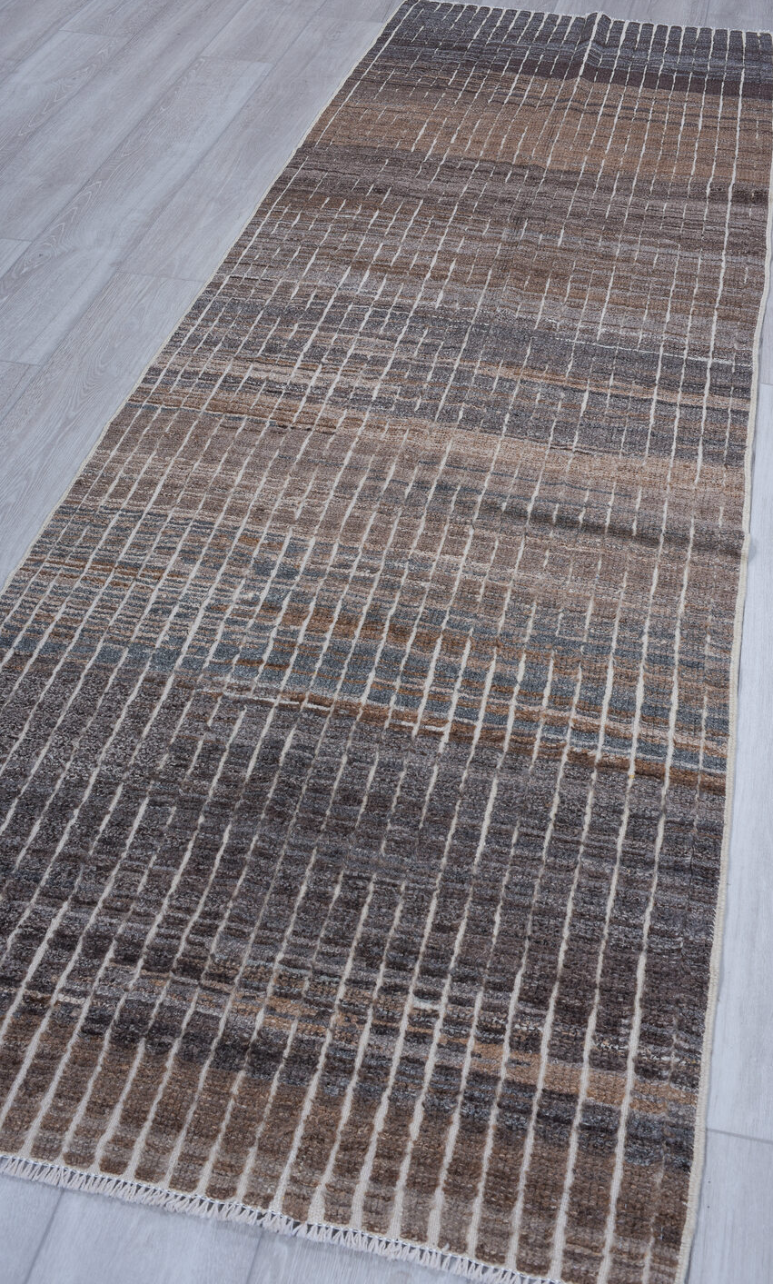 3' x 9' one-of-a-kind handmade vintage Tulu runner rug. Color palette: black, blue, brown, charcoal, dark gray, dim gray