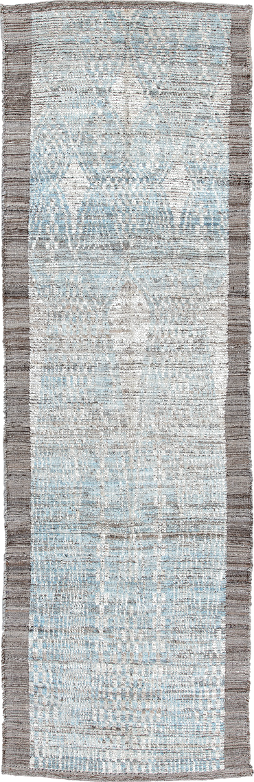 3' x 9' one-of-a-kind handmade vintage Tulu runner rug. Color palette: blue, dark gray, dim gray, gainsboro, gray