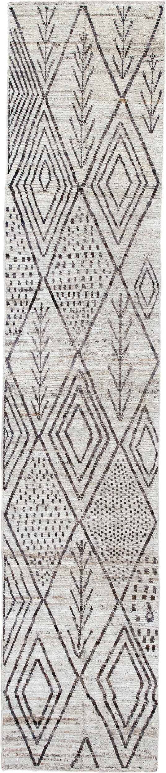 2' x 13' one-of-a-kind handmade vintage Tulu runner rug. Color palette: ivory, brown, taupe, charcoal, beige, gray, black