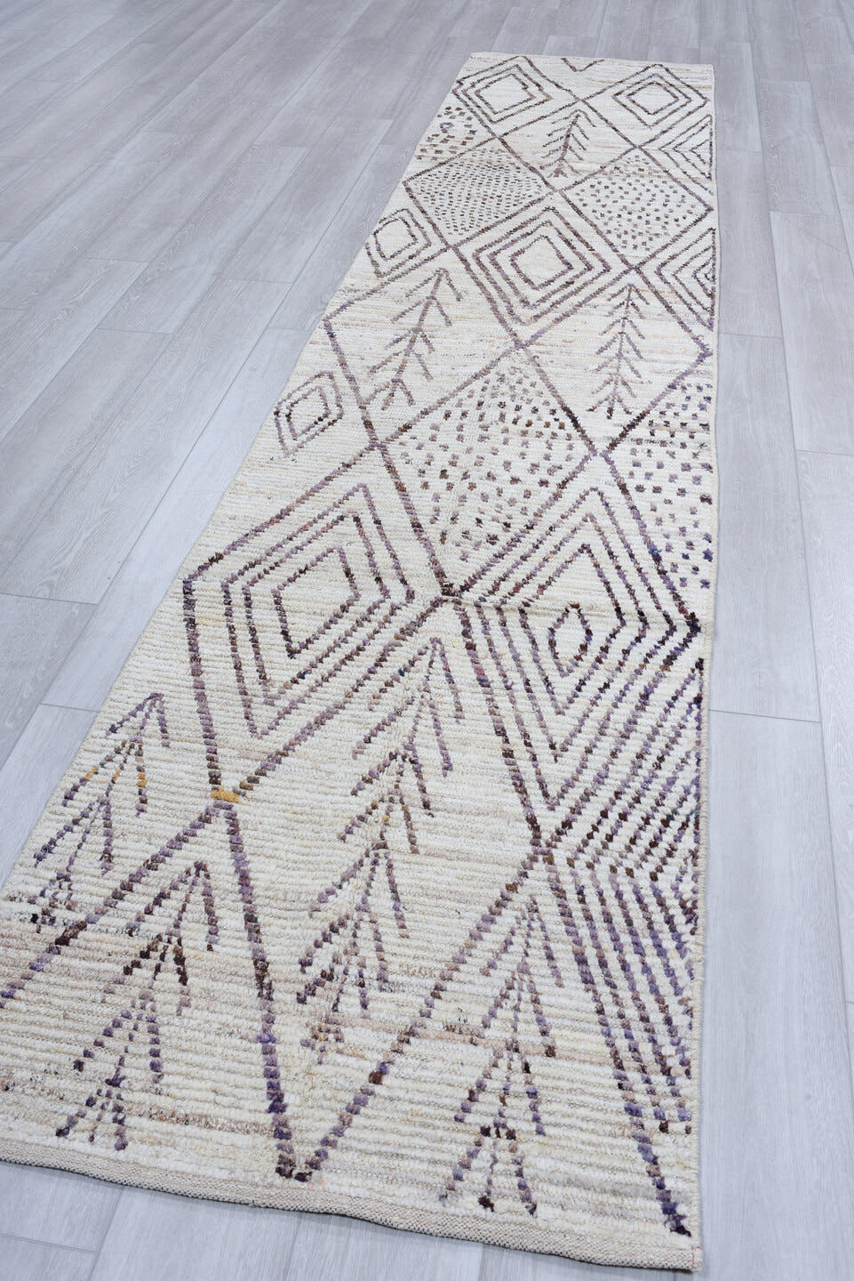 2' x 13' one-of-a-kind handmade vintage Tulu runner rug. Color palette: ivory, brown, taupe, charcoal, beige, gray, black