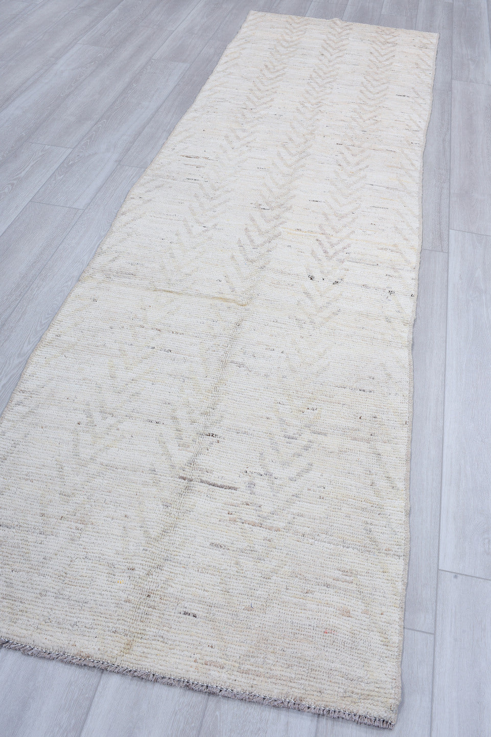 3' x 11' one-of-a-kind handmade vintage Tulu runner rug. Color palette: ivory, cream, taupe, beige, light gray, gray