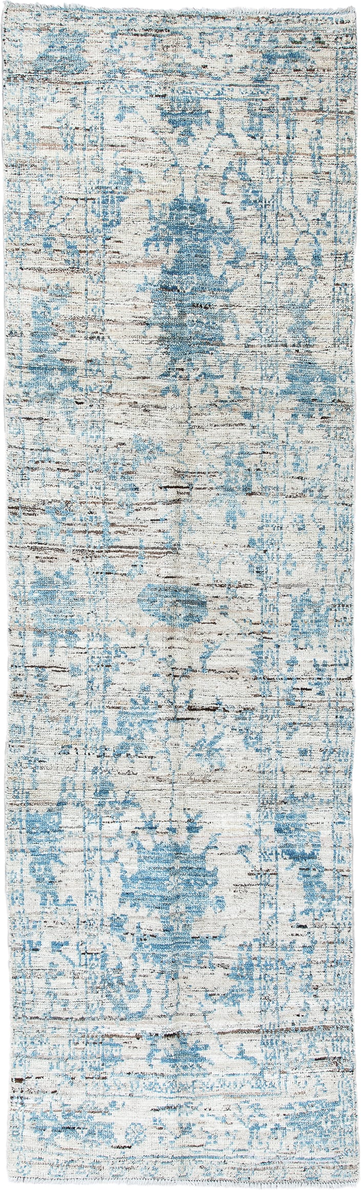 3' x 10' one-of-a-kind handmade vintage Tulu runner rug. Color palette: ivory, sky blue, charcoal, slate, cream, light blue