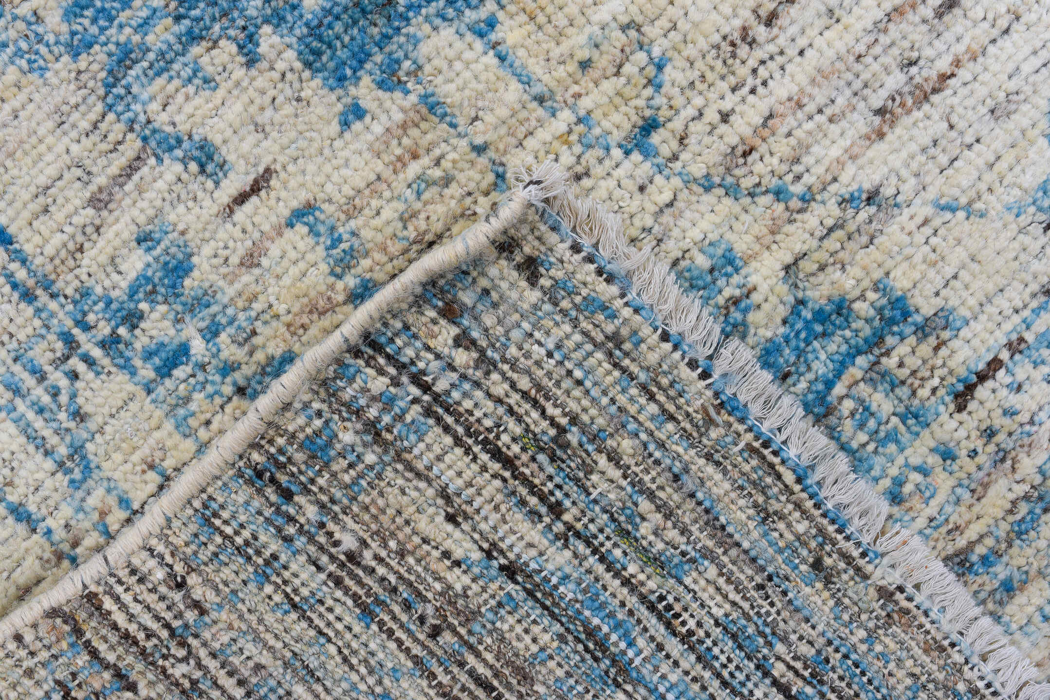3' x 10' one-of-a-kind handmade vintage Tulu runner rug. Color palette: ivory, sky blue, charcoal, slate, cream, light blue