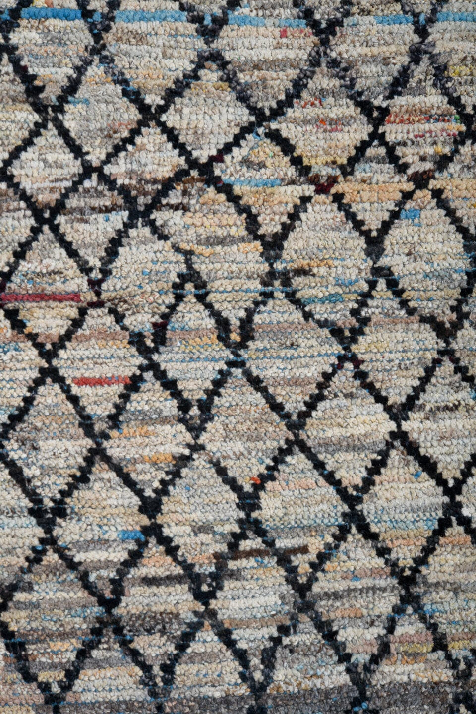 2' x 9' one-of-a-kind handmade vintage Tulu runner rug. Color palette: ivory, charcoal, slate, pale blue, rose, saffron