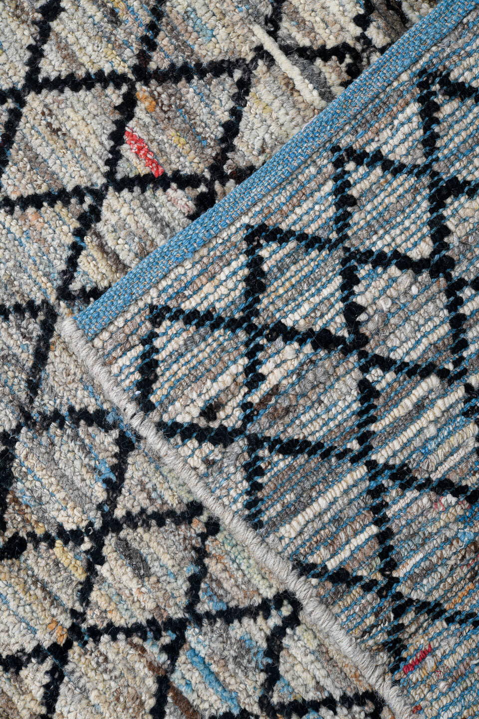 2' x 9' one-of-a-kind handmade vintage Tulu runner rug. Color palette: ivory, charcoal, slate, pale blue, rose, saffron