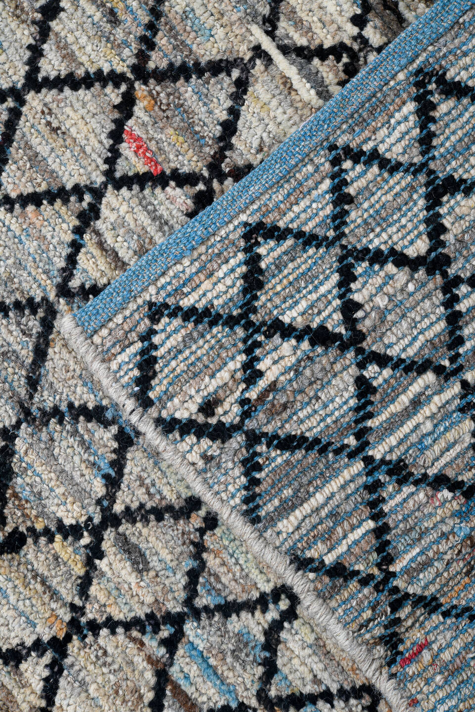 2' x 9' one-of-a-kind handmade vintage Tulu runner rug. Color palette: ivory, charcoal, slate, pale blue, rose, saffron
