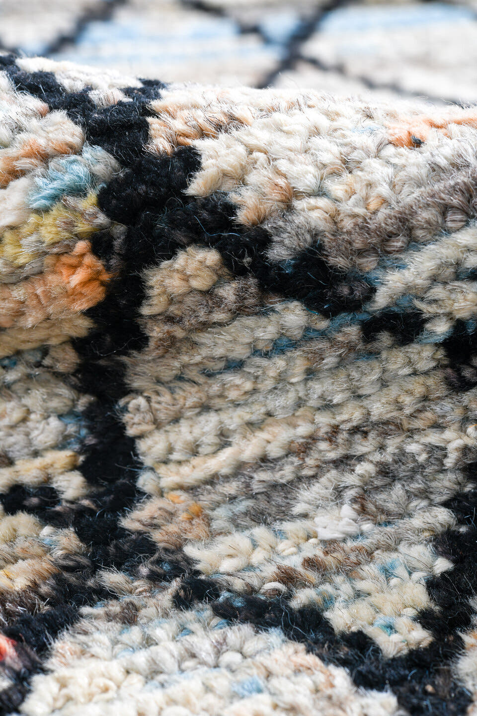 2' x 9' one-of-a-kind handmade vintage Tulu runner rug. Color palette: ivory, charcoal, slate, pale blue, rose, saffron