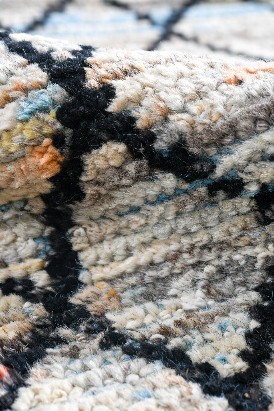 2' x 9' one-of-a-kind handmade vintage Tulu runner rug. Color palette: ivory, charcoal, slate, pale blue, rose, saffron