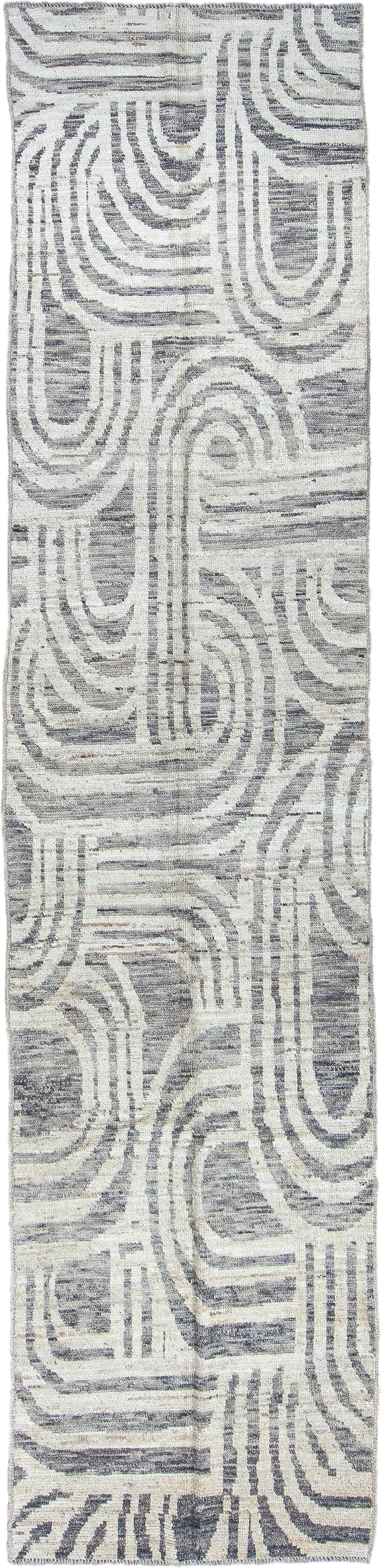 3' x 12' one-of-a-kind handmade vintage Tulu runner rug. Color palette: ivory, gray, charcoal, taupe, black, beige
