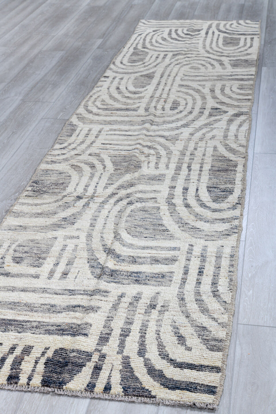 3' x 12' one-of-a-kind handmade vintage Tulu runner rug. Color palette: ivory, gray, charcoal, taupe, black, beige