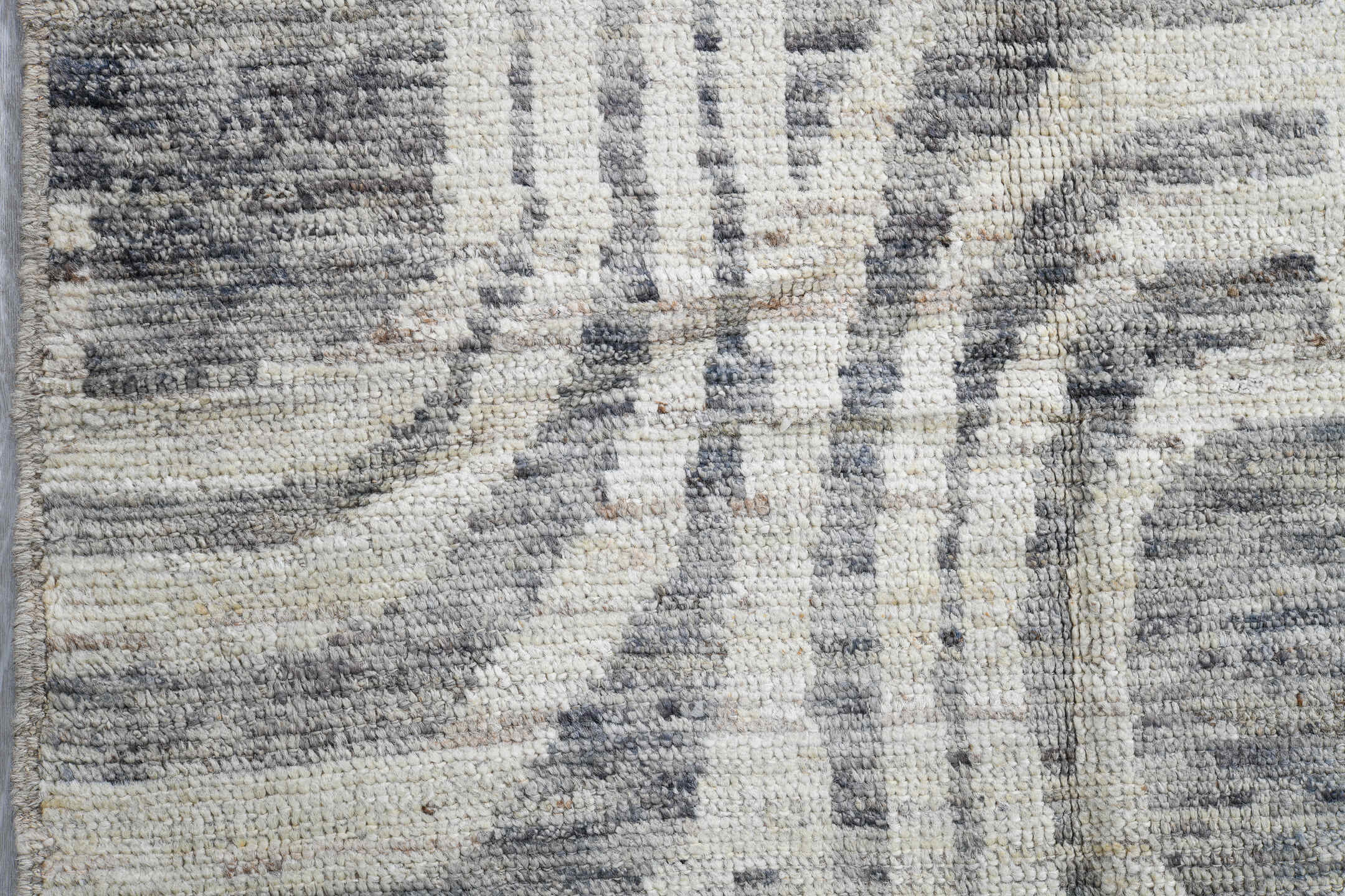 3' x 12' one-of-a-kind handmade vintage Tulu runner rug. Color palette: ivory, gray, charcoal, taupe, black, beige
