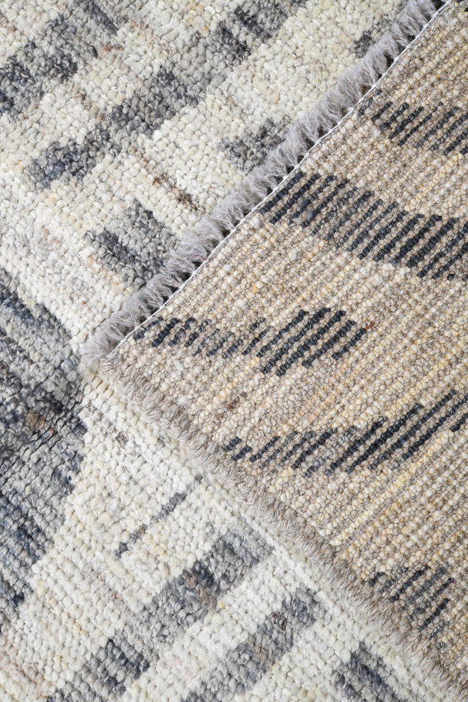 3' x 12' one-of-a-kind handmade vintage Tulu runner rug. Color palette: ivory, gray, charcoal, taupe, black, beige