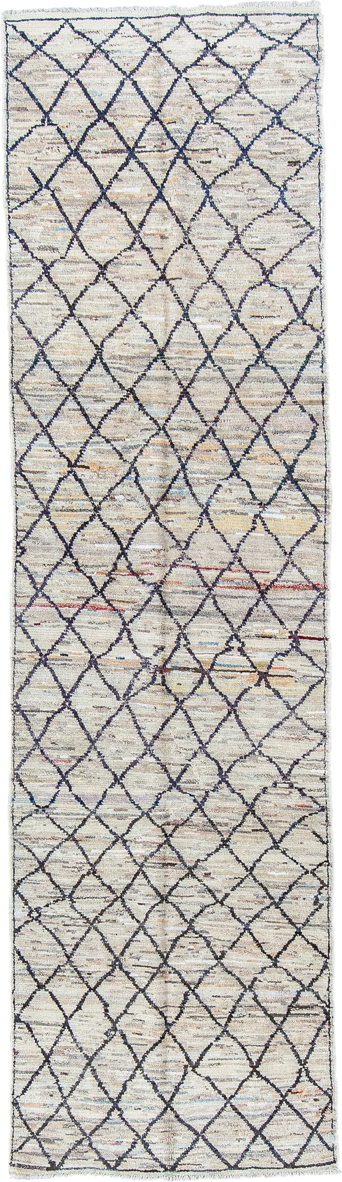 2' x 10' one-of-a-kind handmade vintage Tulu runner rug. Color palette: ivory, charcoal, taupe, camel, faded red, slate