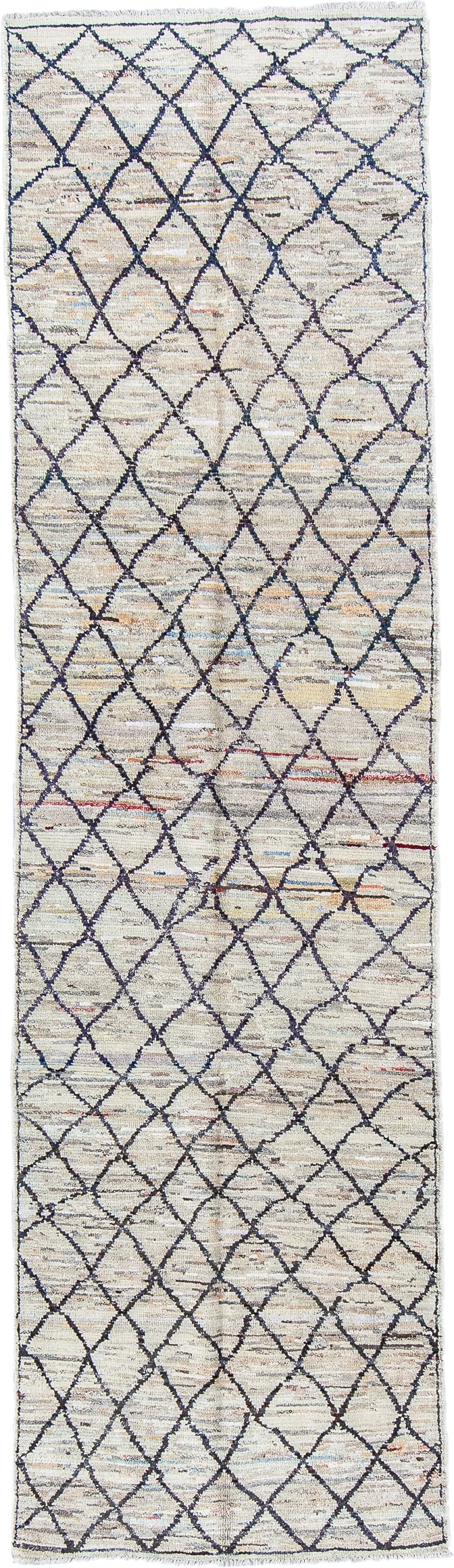 2' x 10' one-of-a-kind handmade vintage Tulu runner rug. Color palette: ivory, charcoal, taupe, camel, faded red, slate