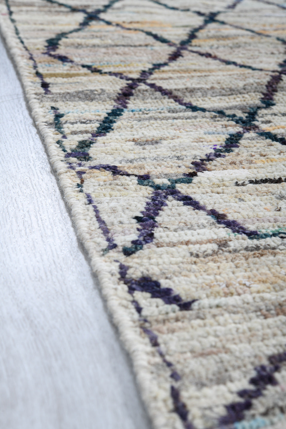 2' x 10' one-of-a-kind handmade vintage Tulu runner rug. Color palette: ivory, charcoal, taupe, camel, faded red, slate