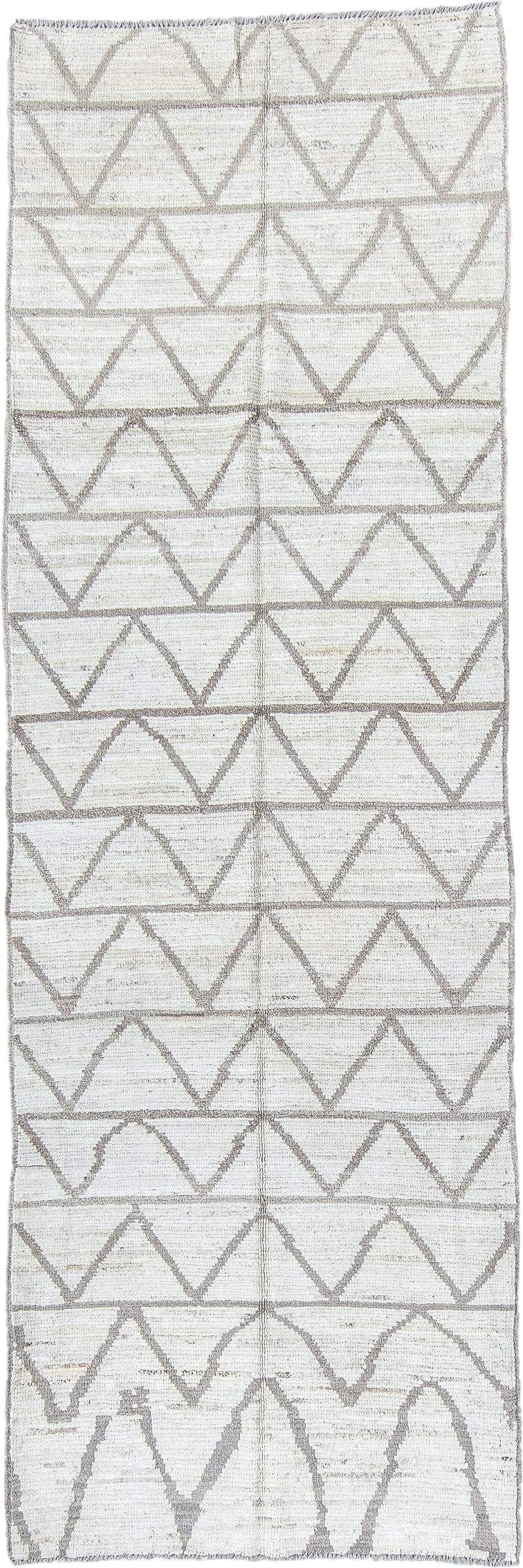 3' x 9' one-of-a-kind handmade vintage Tulu runner rug. Color palette: ivory, taupe, gray, beige