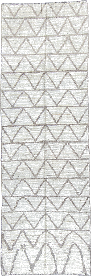 3' x 9' one-of-a-kind handmade vintage Tulu runner rug. Color palette: dark gray, dim gray, gainsboro, gray, light gray