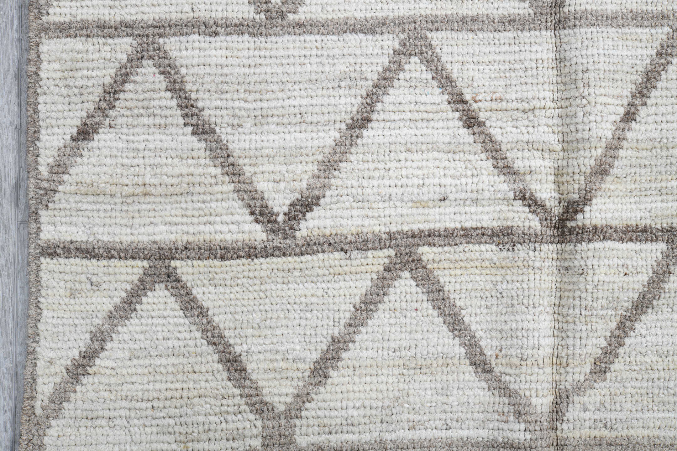 3' x 9' one-of-a-kind handmade vintage Tulu runner rug. Color palette: ivory, taupe, gray, beige