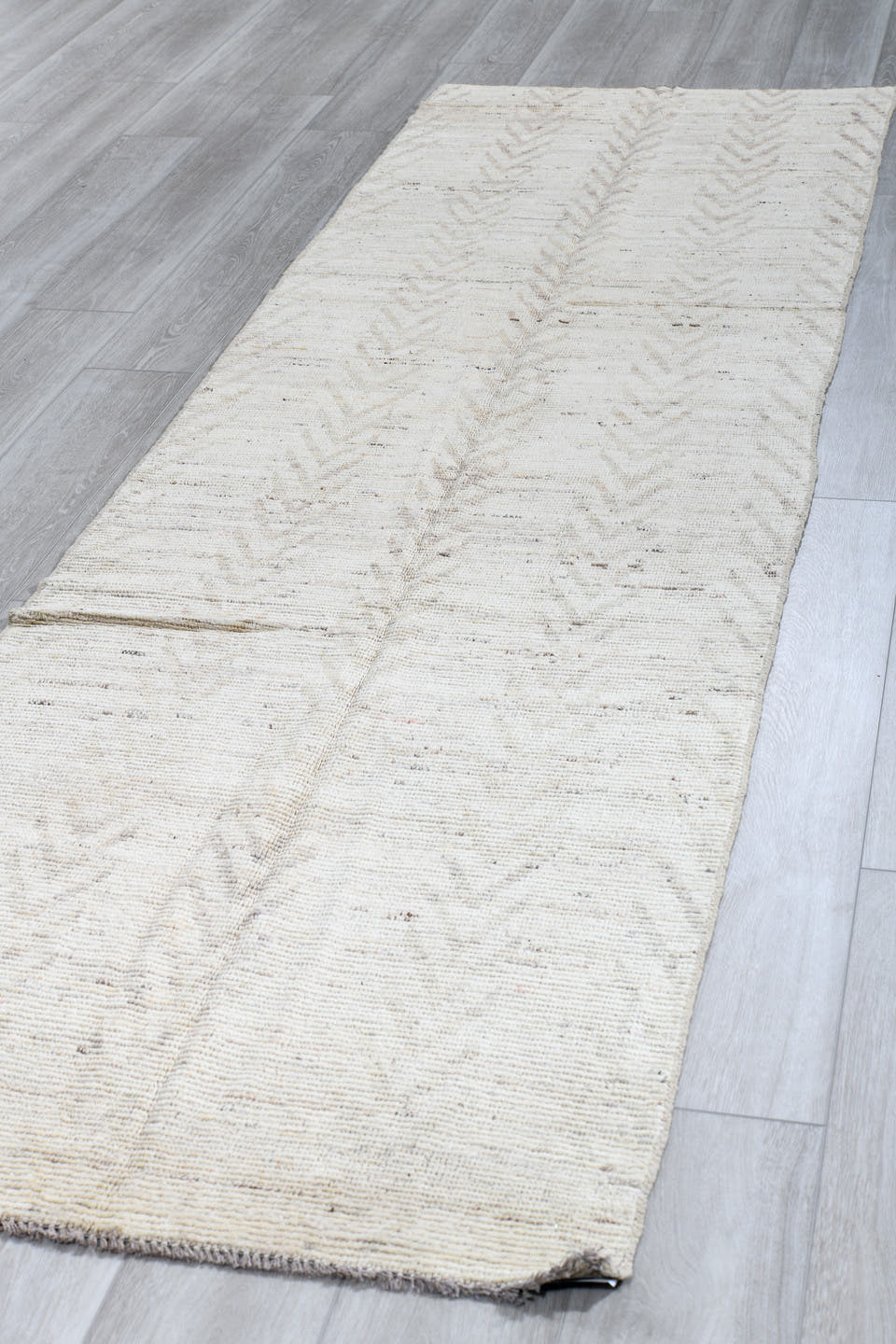 3' x 10' one-of-a-kind handmade vintage Tulu runner rug. Color palette: ivory, taupe, beige, gray