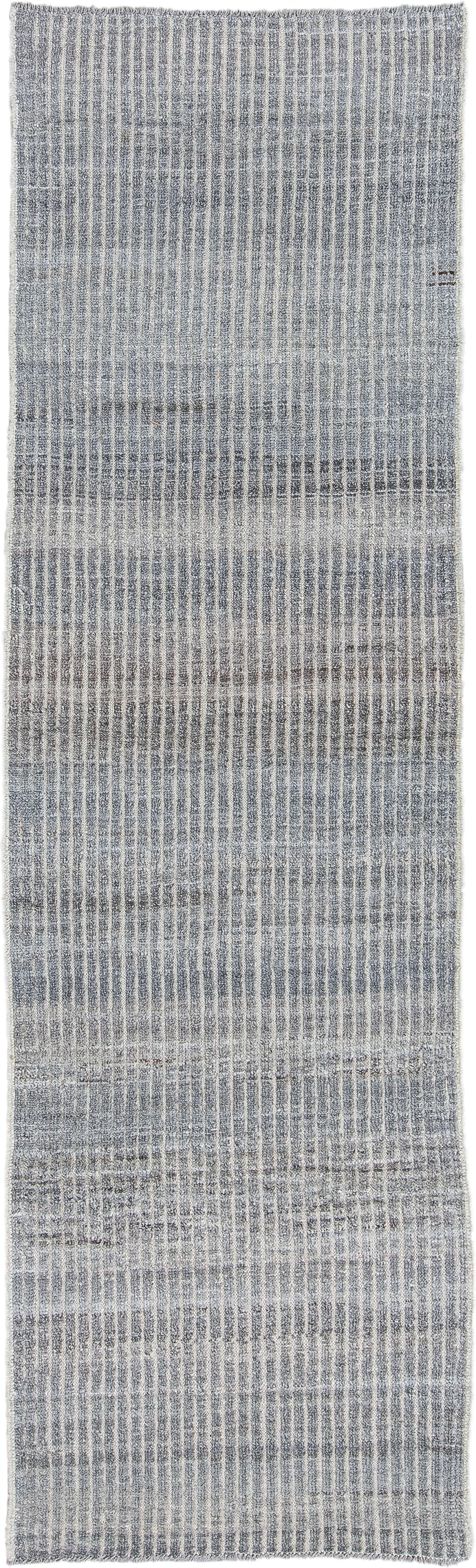 2' x 9' one-of-a-kind handmade vintage Tulu runner rug. Color palette: ivory, slate, gray, charcoal, black