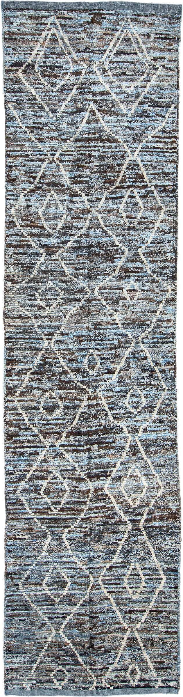 3' x 13' one-of-a-kind handmade vintage Tulu runner rug. Color palette: blue_gray, charcoal, ivory, slate, taupe, gray, blue