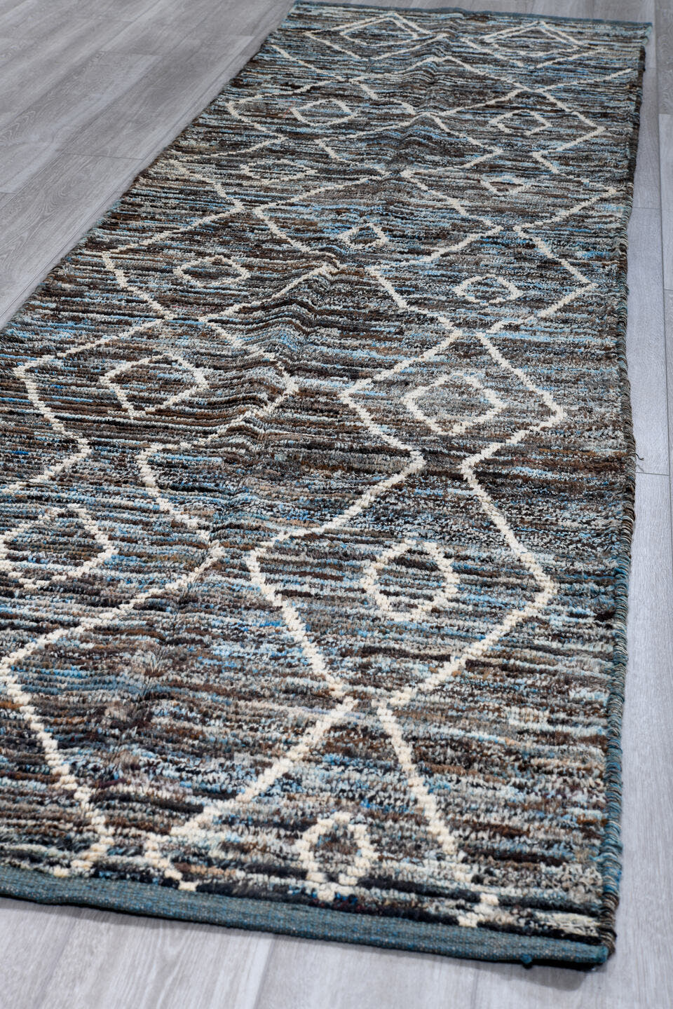 3' x 13' one-of-a-kind handmade vintage Tulu runner rug. Color palette: blue_gray, charcoal, ivory, slate, taupe, gray, blue