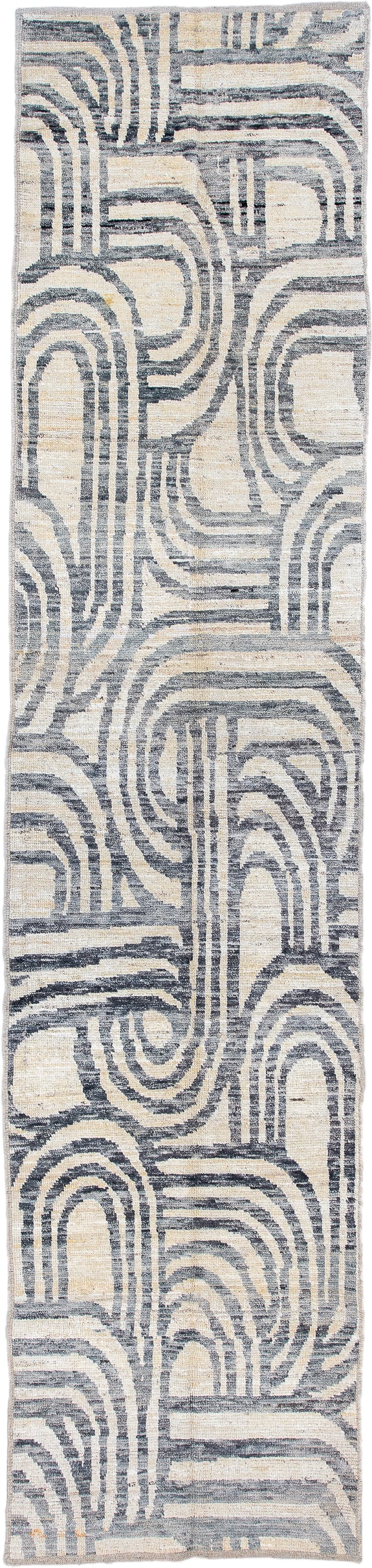 3' x 13' one-of-a-kind handmade vintage Tulu runner rug. Color palette: ivory, slate, charcoal, taupe, cream, gray, black