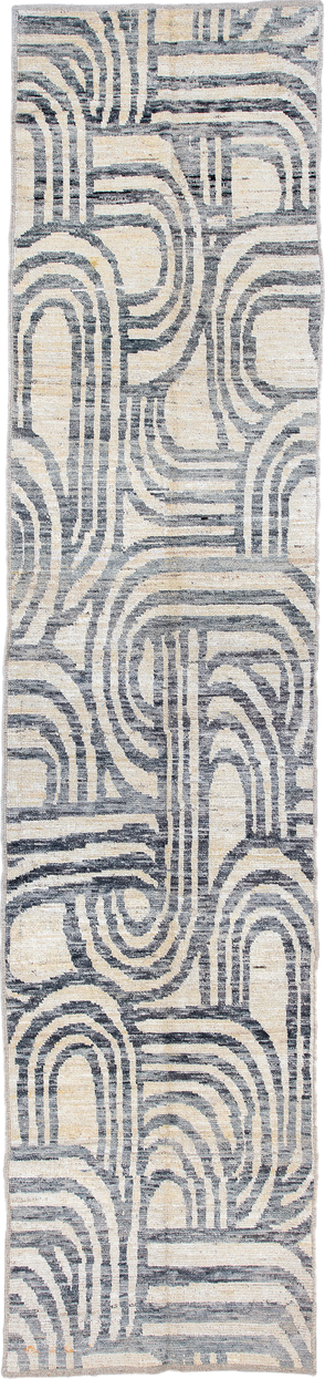 3' x 13' one-of-a-kind handmade vintage Tulu runner rug. Color palette: ivory, slate, charcoal, taupe, cream, gray, black