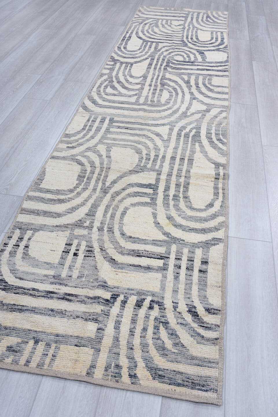 3' x 13' one-of-a-kind handmade vintage Tulu runner rug. Color palette: ivory, slate, charcoal, taupe, cream, gray, black