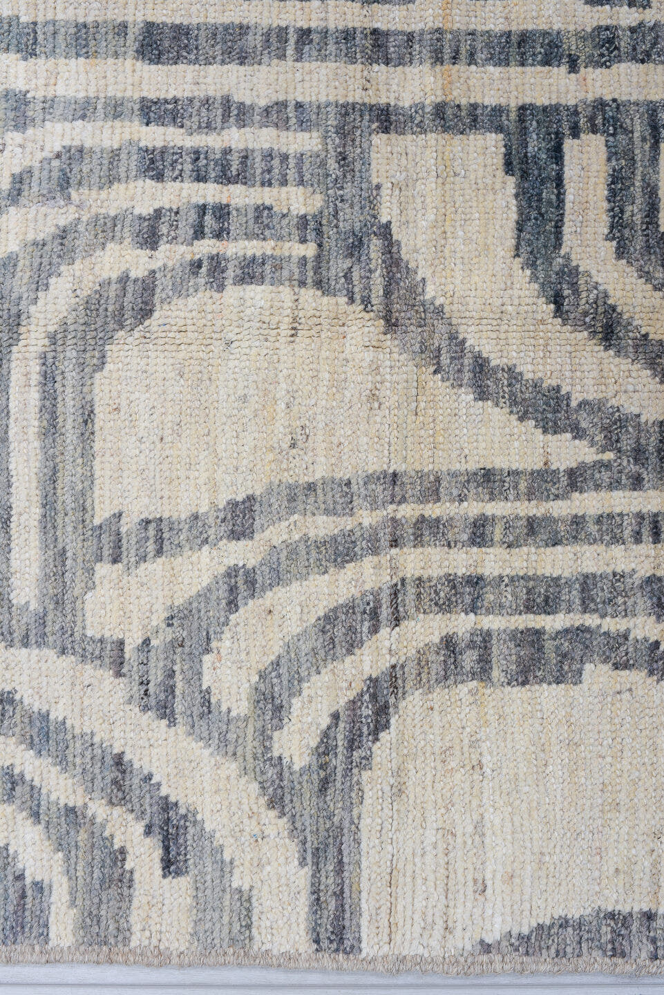 3' x 13' one-of-a-kind handmade vintage Tulu runner rug. Color palette: ivory, slate, charcoal, taupe, cream, gray, black