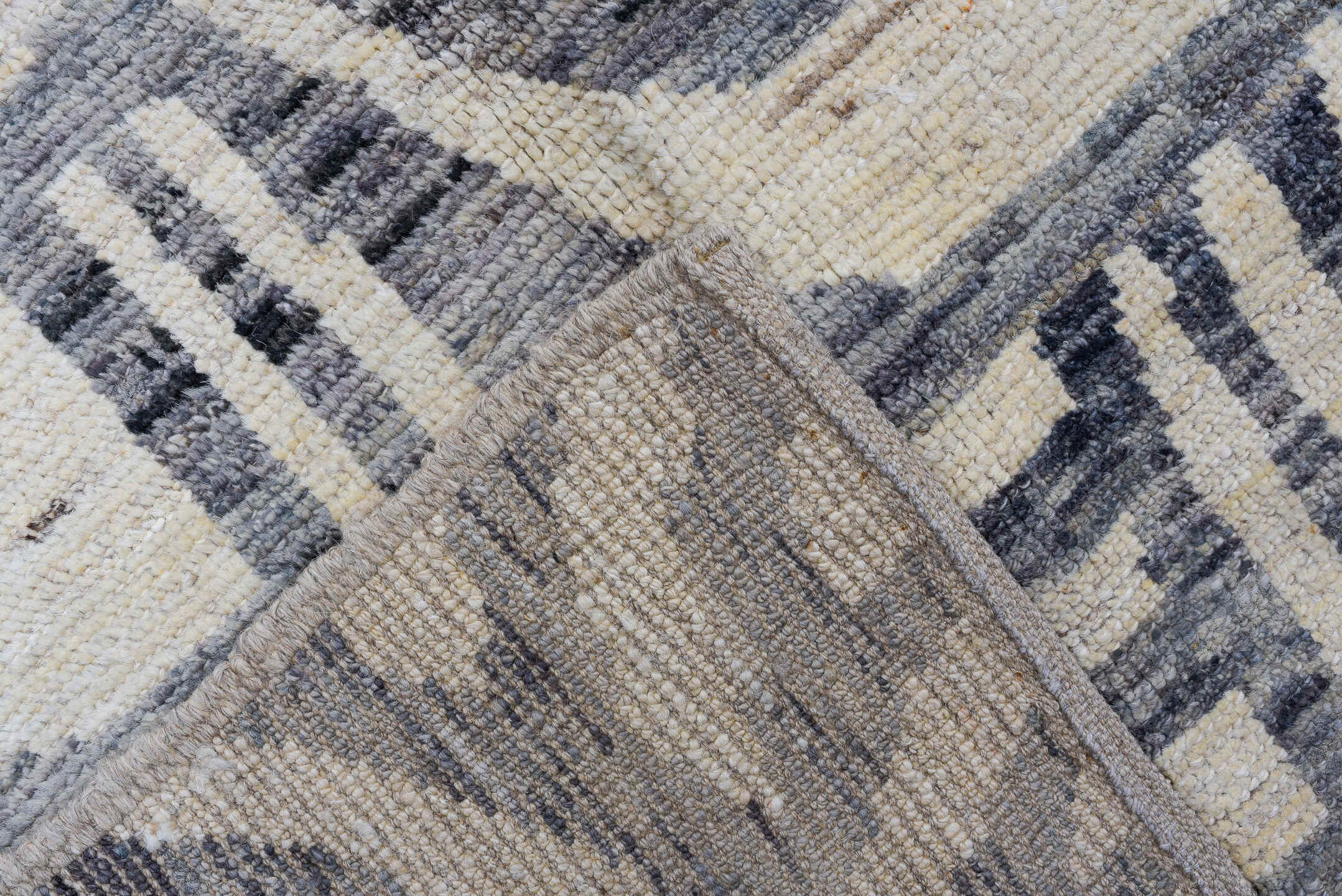 3' x 13' one-of-a-kind handmade vintage Tulu runner rug. Color palette: ivory, slate, charcoal, taupe, cream, gray, black