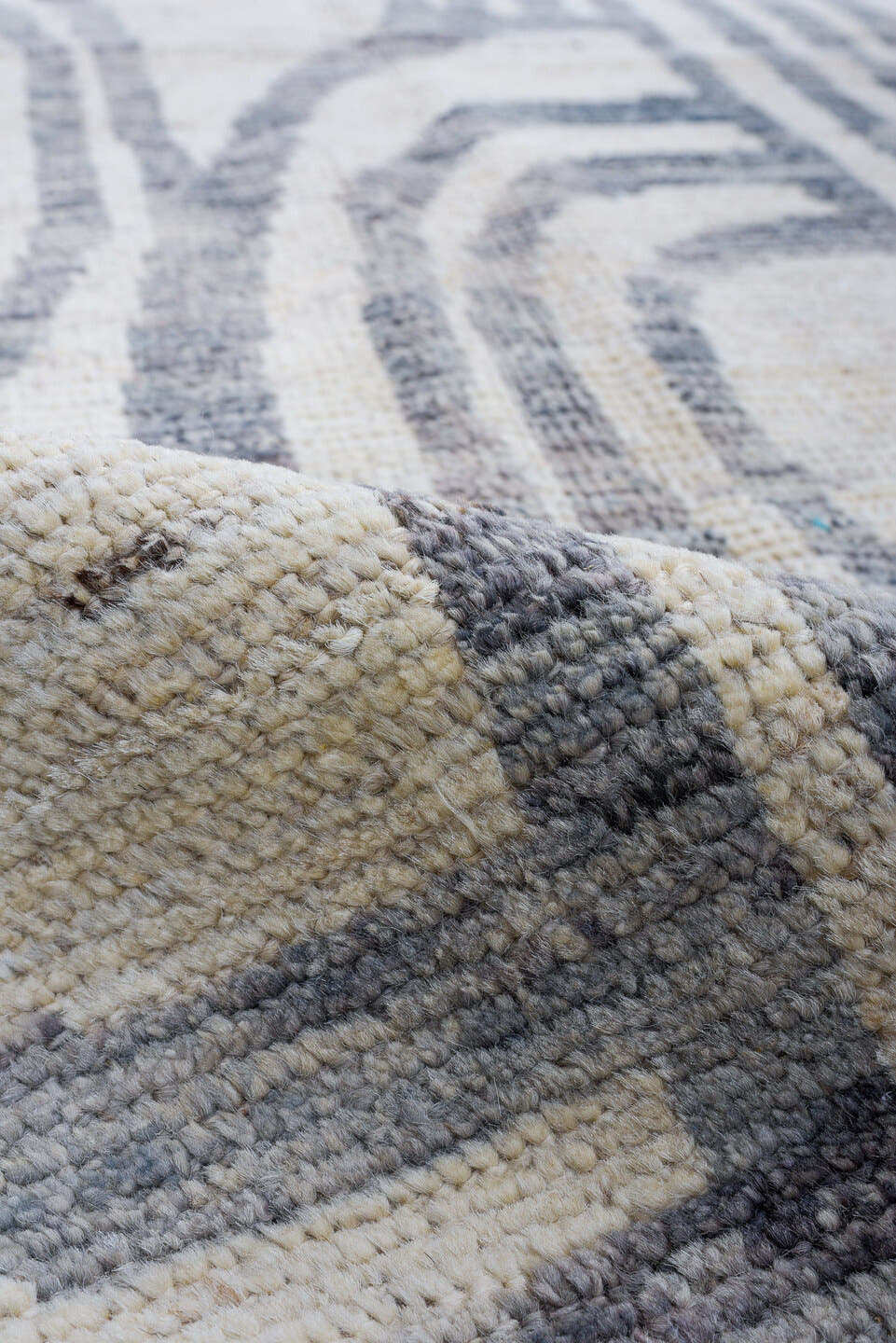 3' x 13' one-of-a-kind handmade vintage Tulu runner rug. Color palette: ivory, slate, charcoal, taupe, cream, gray, black