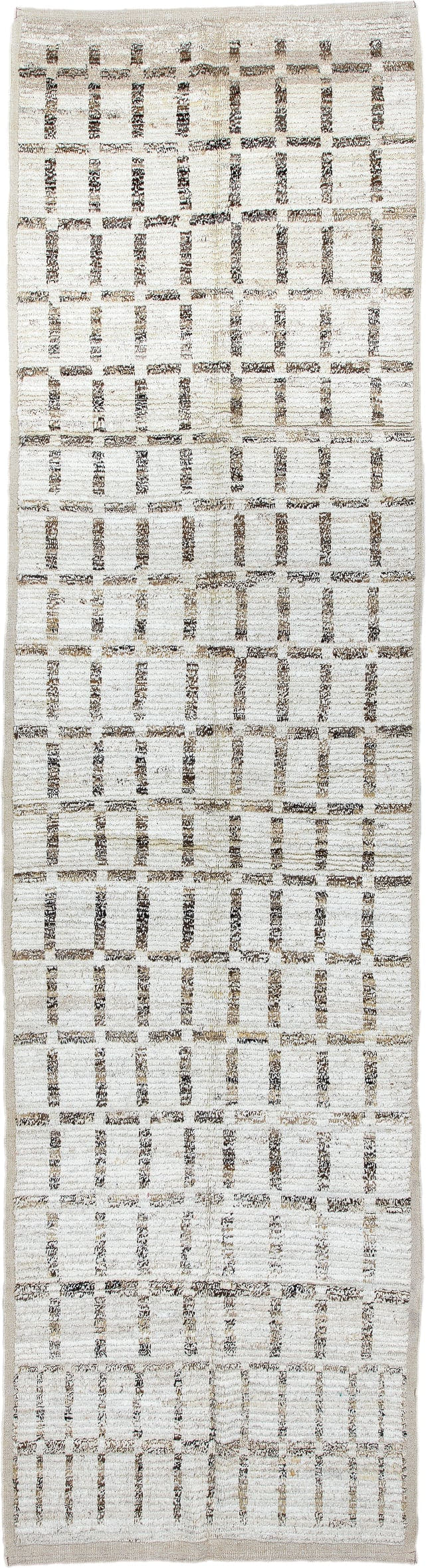 3' x 13' one-of-a-kind handmade vintage Tulu runner rug. Color palette: ivory, taupe, brown, cream, beige, gray
