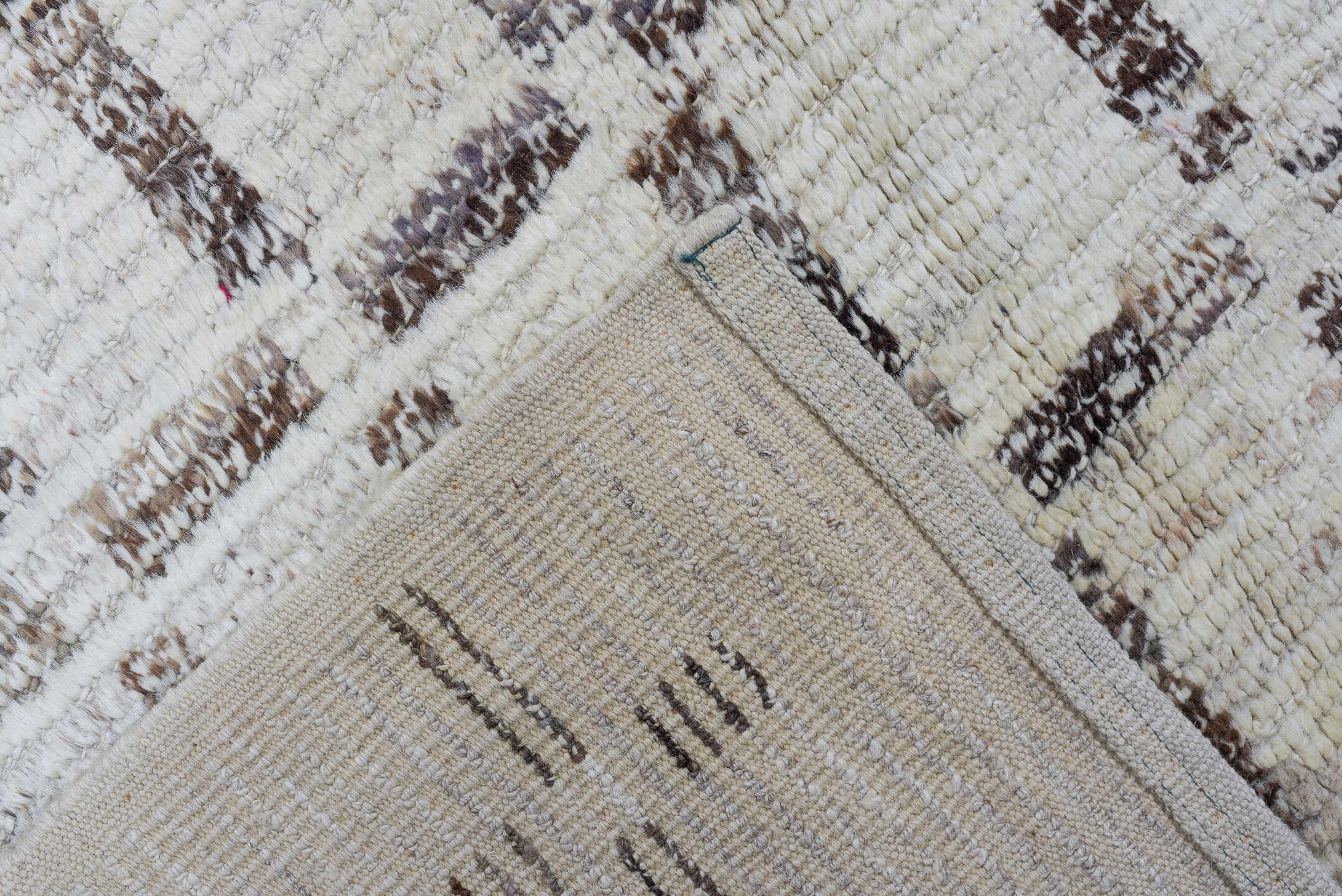 3' x 13' one-of-a-kind handmade vintage Tulu runner rug. Color palette: ivory, taupe, brown, cream, beige, gray