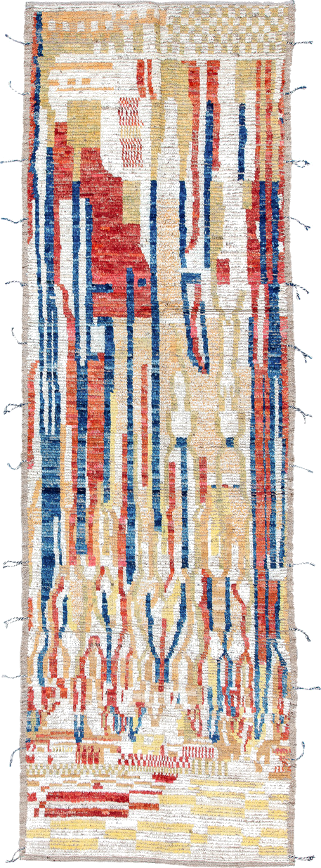 3' x 9' one-of-a-kind handmade vintage Tulu runner rug. Color palette: blue, brown, gainsboro, gray, light blue, light gray