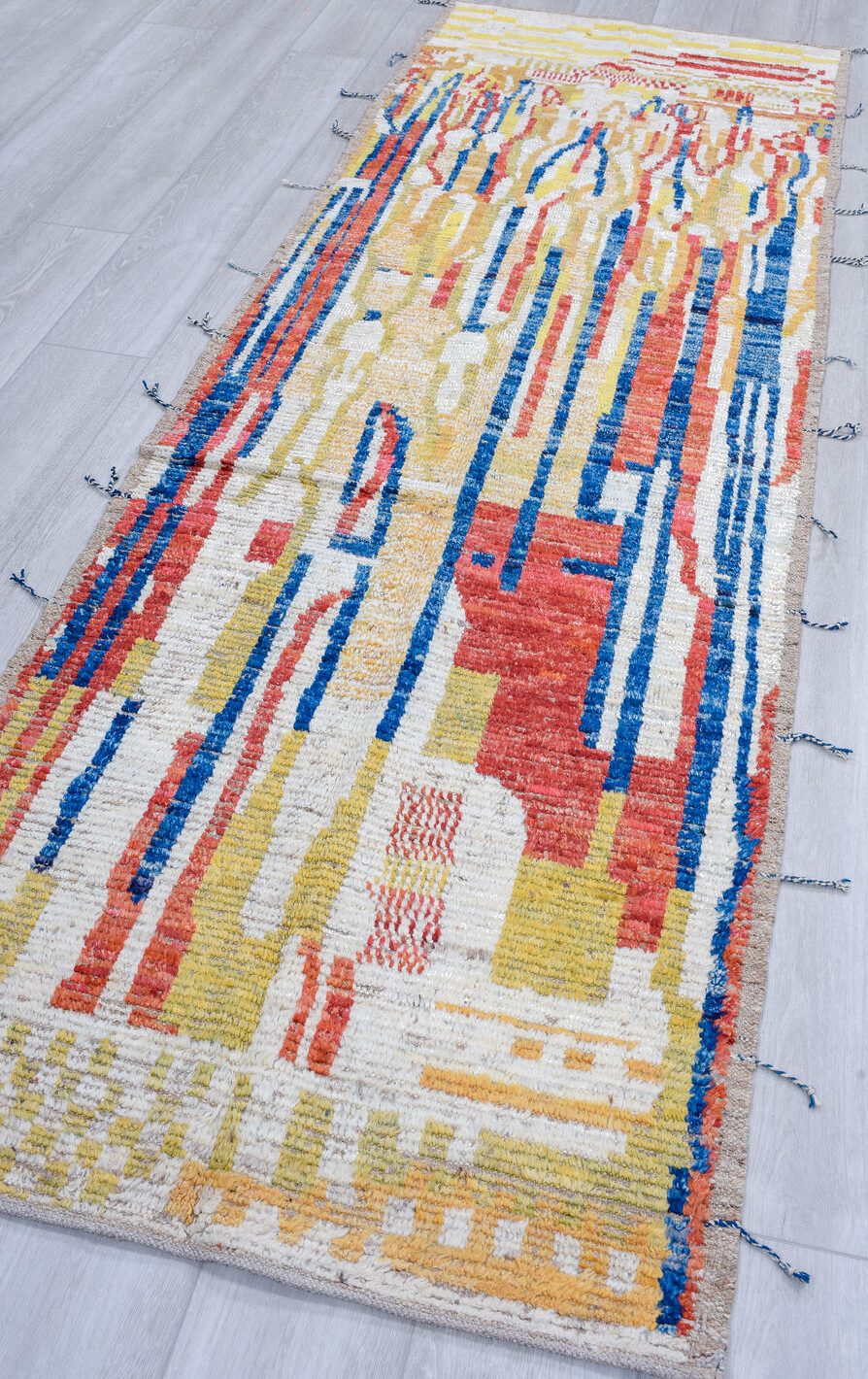 3' x 9' one-of-a-kind handmade vintage Tulu runner rug. Color palette: blue, brown, gainsboro, gray, light blue, light gray
