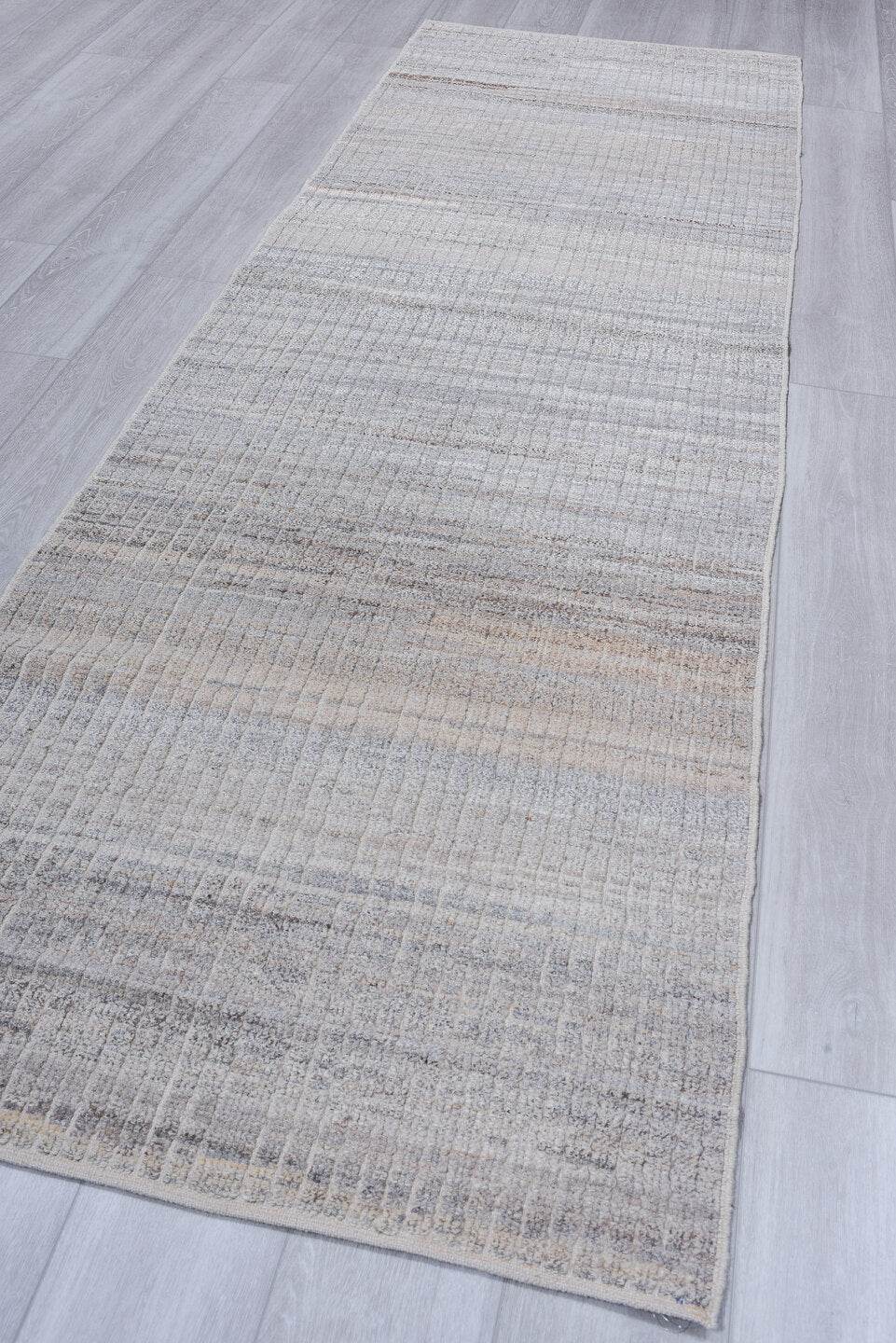 3' x 9' one-of-a-kind handmade vintage Tulu runner rug. Color palette: ivory, taupe, gray, beige, charcoal, black