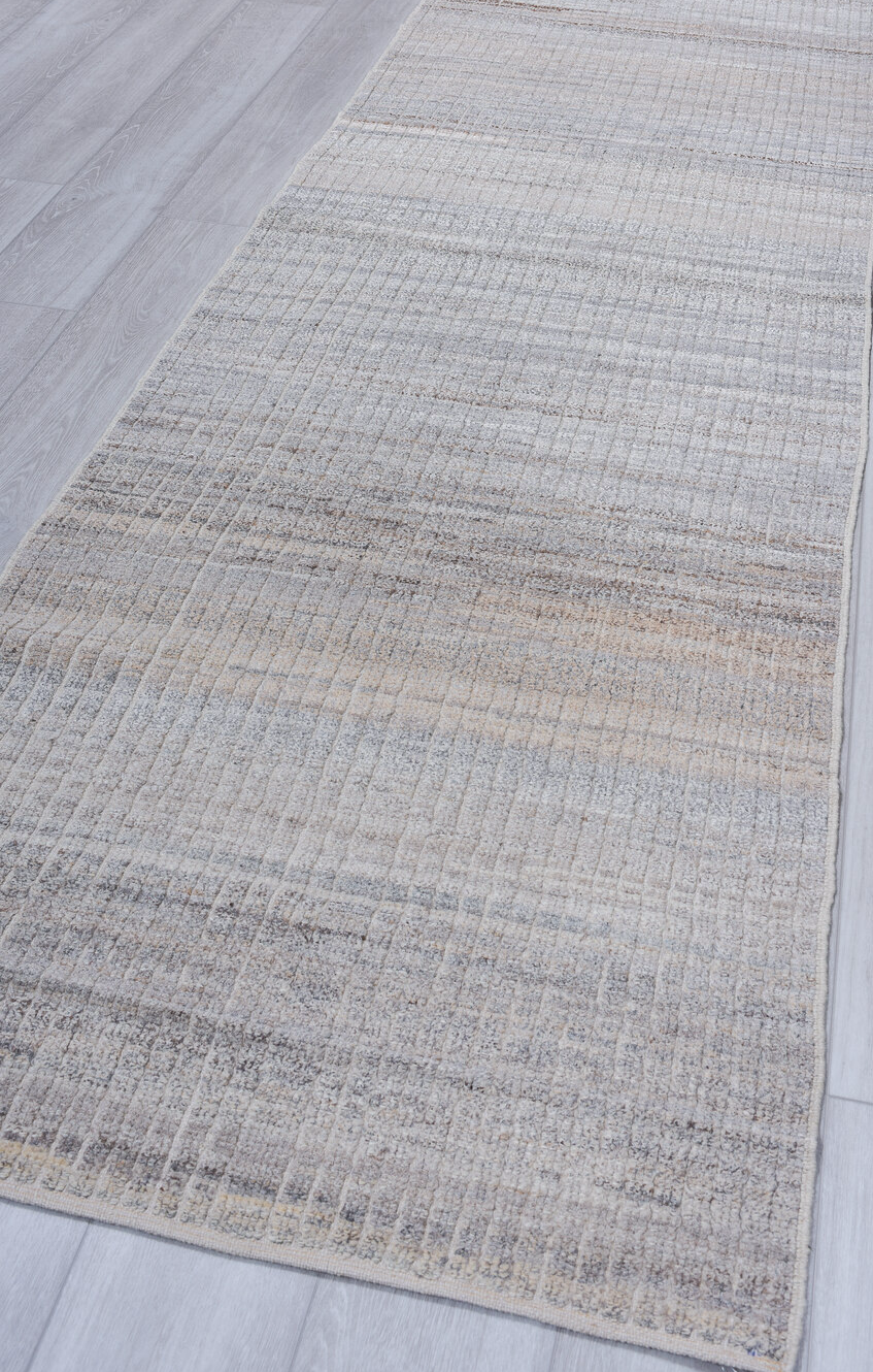 3' x 9' one-of-a-kind handmade vintage Tulu runner rug. Color palette: dark gray, dim gray, gainsboro, gray, light blue