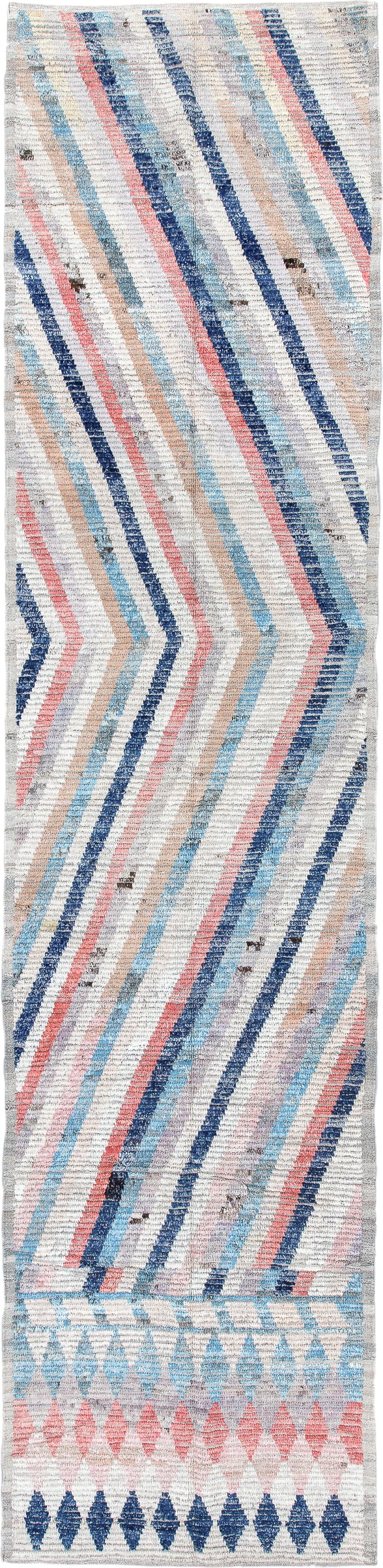 3' x 13' one-of-a-kind handmade vintage Tulu runner rug. Color palette: ivory, sky blue, navy, blush, sand, taupe