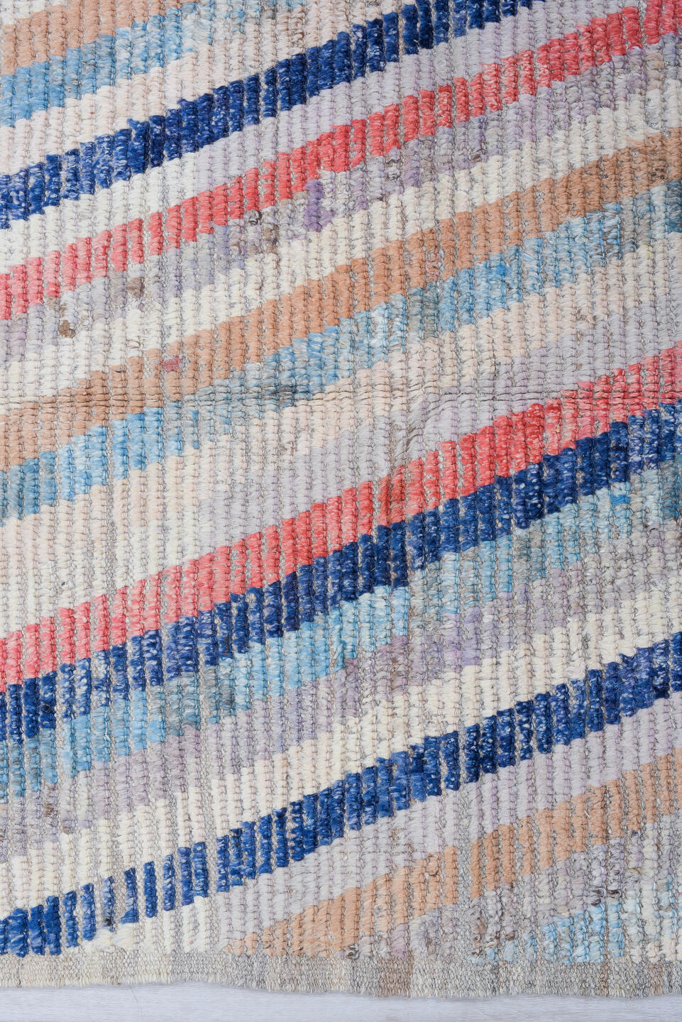 3' x 13' one-of-a-kind handmade vintage Tulu runner rug. Color palette: ivory, sky blue, navy, blush, sand, taupe
