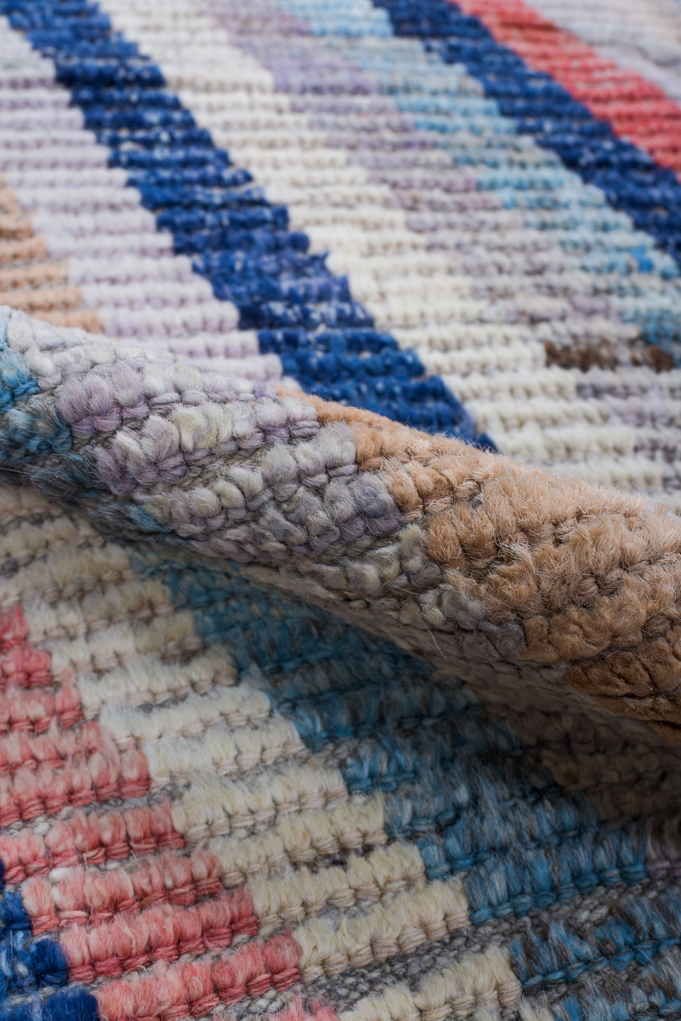 3' x 13' one-of-a-kind handmade vintage Tulu runner rug. Color palette: ivory, sky blue, navy, blush, sand, taupe