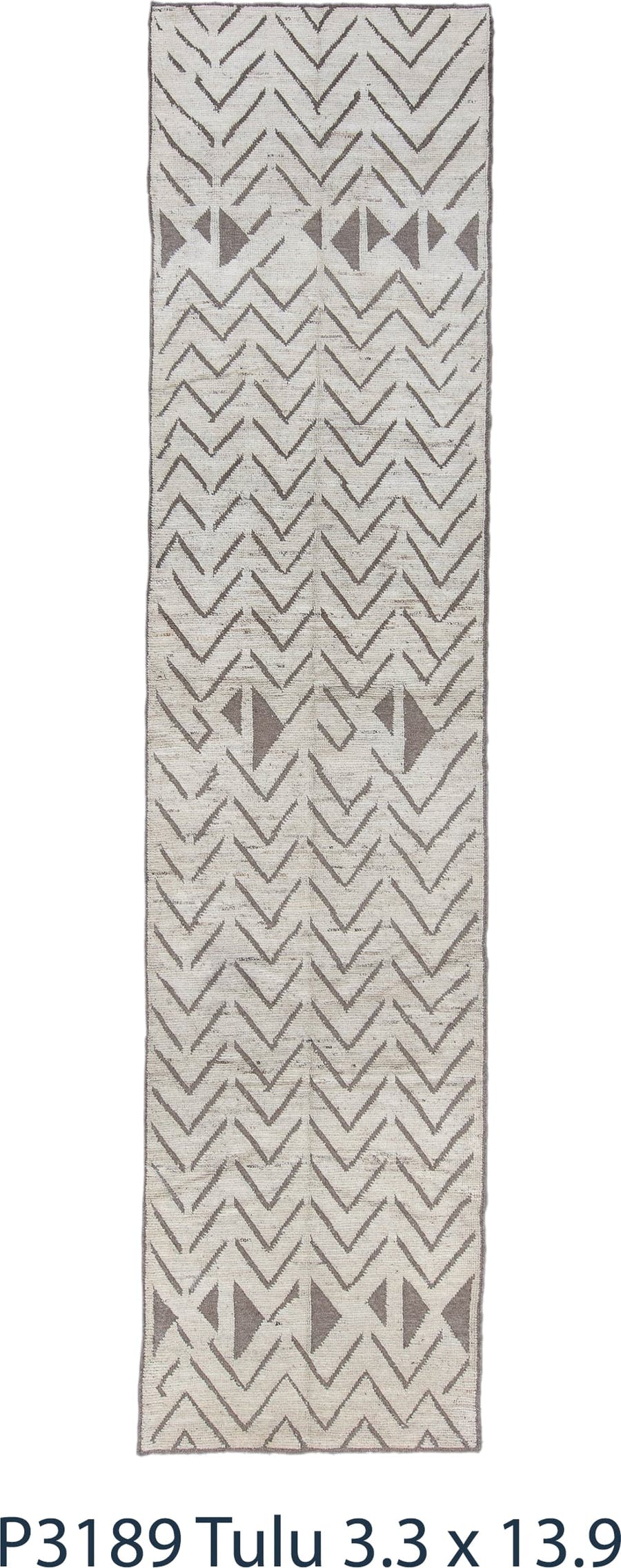 3' x 13' one-of-a-kind handmade vintage Tulu runner rug. Color palette: ivory, taupe, brown, camel, beige, gray