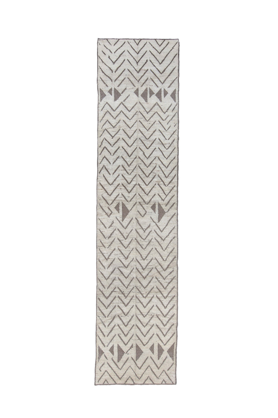 3' x 13' one-of-a-kind handmade vintage Tulu runner rug. Color palette: ivory, taupe, brown, camel, beige, gray