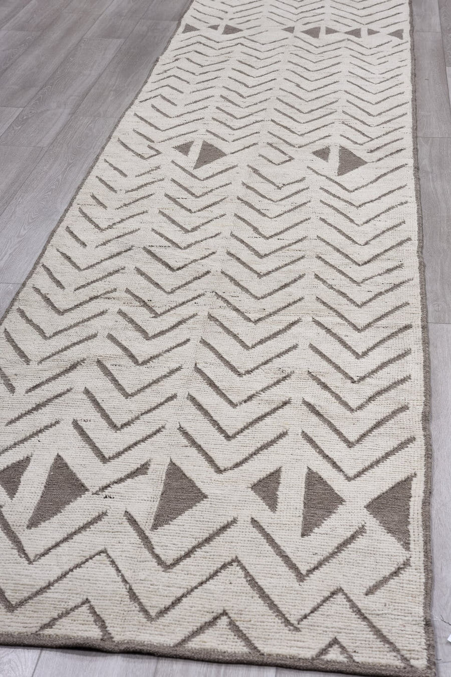 3' x 13' one-of-a-kind handmade vintage Tulu runner rug. Color palette: ivory, taupe, brown, camel, beige, gray