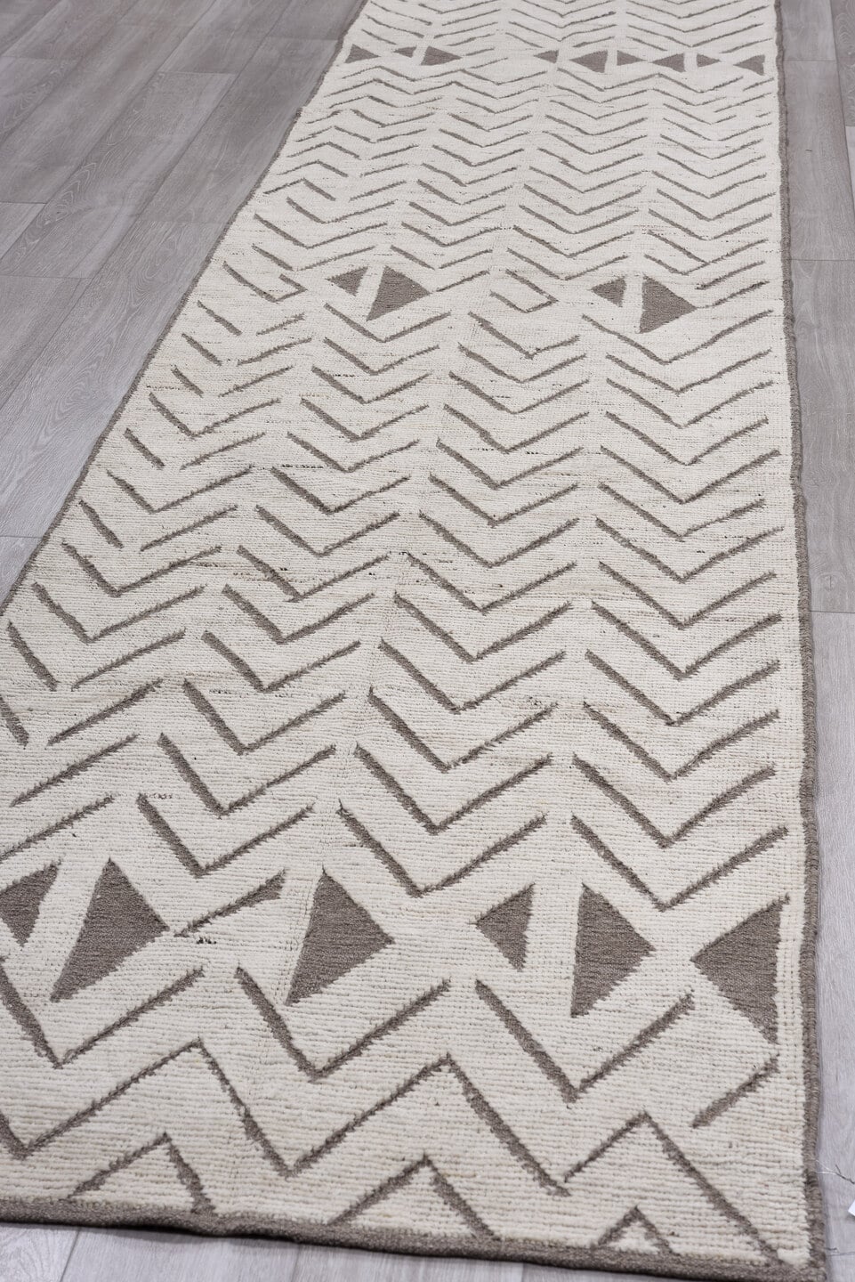 3' x 13' one-of-a-kind handmade vintage Tulu runner rug. Color palette: ivory, taupe, brown, camel, beige, gray